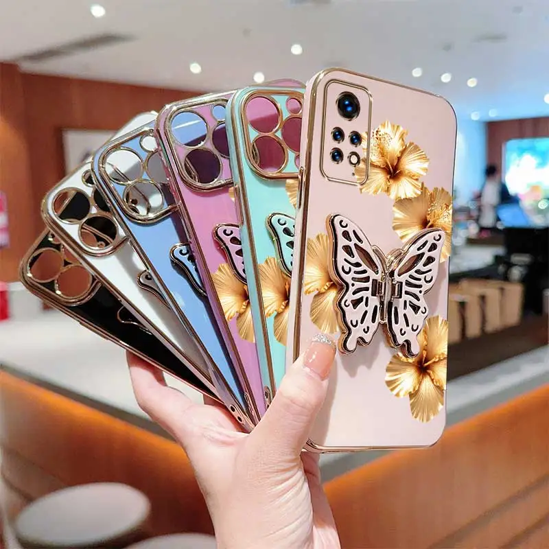 2pcs(Beautiful golden hibiscus phone Case+Butterfly Stand) For Redmi Note 11 Pro 5G/Note 12S/Note 11 Pro+5G Phone Case