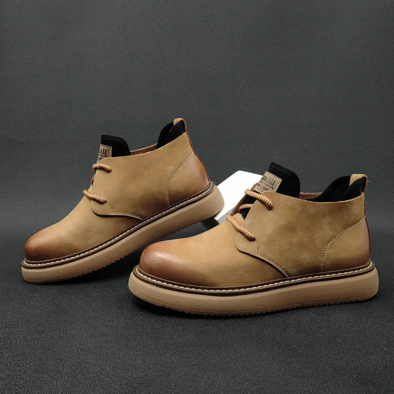 

Men's Casual Leather Suede Thick Soles Versatile Layer Cowhide High Top Men's Shoes British Style Outdoor Boots Loafers Sneakers