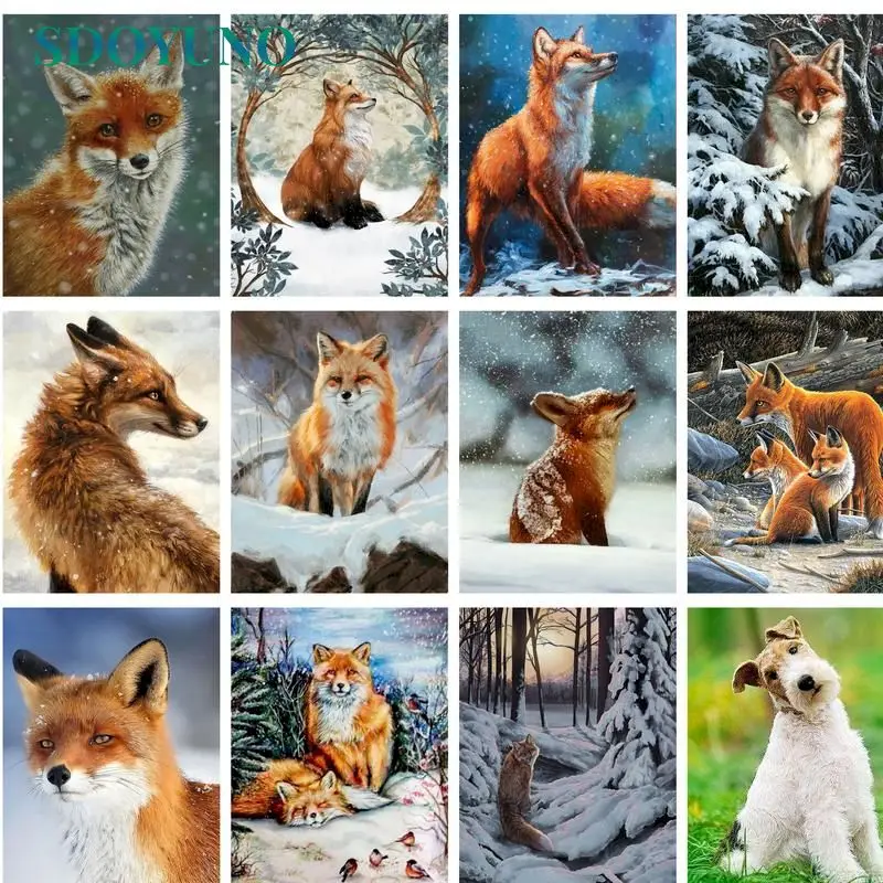 

SDOYUNO Oil Painting By Numbers SnowyDay Fox Kits For Adults Handpainted DIY Coloring By Number Winter Home Decoration