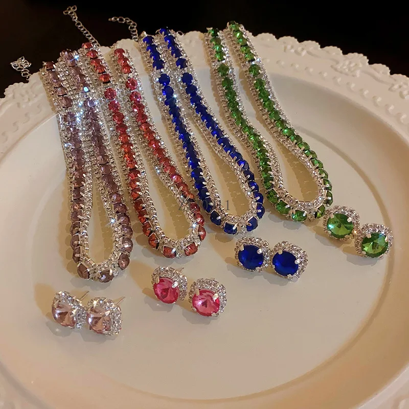 Inlaid Rhinestone Green Square Earrings Necklace Set Niche Creative Temperament Light Luxury High Sense Jewelry Sets Female