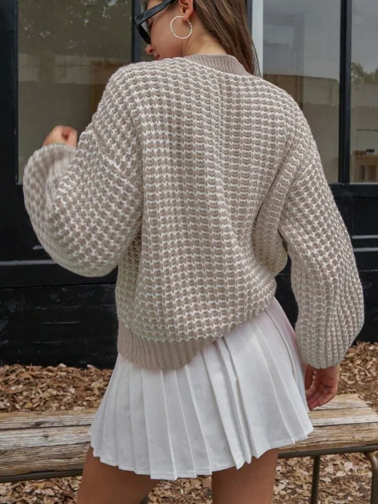 Women's Beige Textured Knit Cardigan V-Neck Button Front Oversized Casual Cropped Sweater