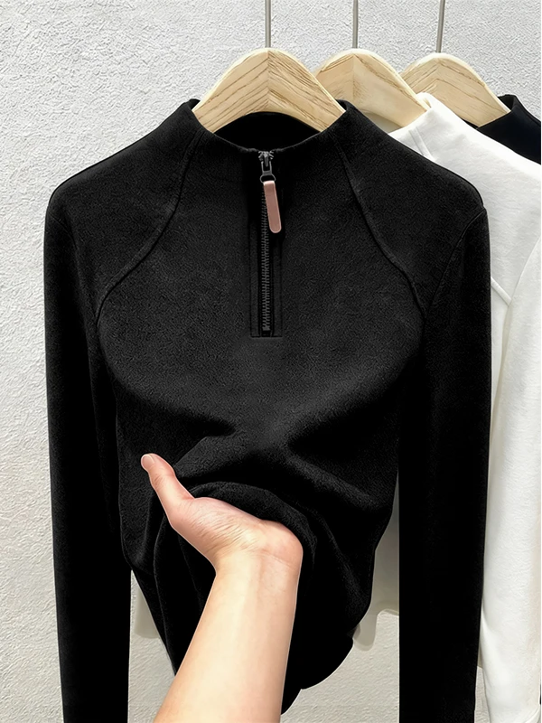 Long Sve Zipper T-irt Women's Loose Fit Korean Sle Comfortable Soft Polyester Casual Wear All Seasons Basic Top