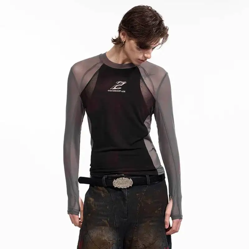 LUZHEN New Personalized Transparent Long Sleeve Splicing Design 2025 T-shirt Men's Fashion Handsome Slim Casual Male Tops JY7119