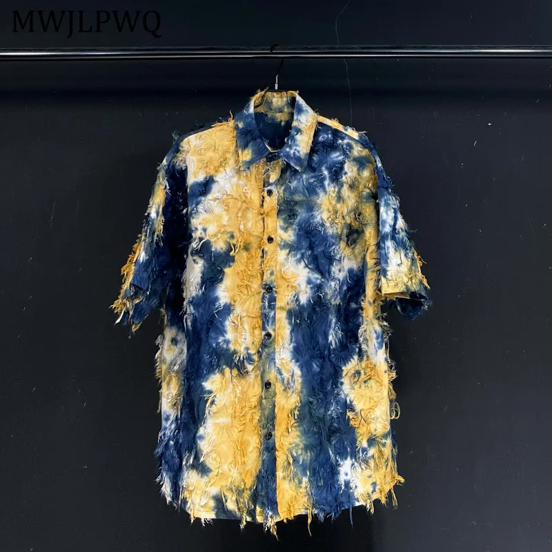 

MWJLPWQ Tie-Dye Tassel Design Shirt Men's High Street Rough Edge Lapel 2025 New Yellow Loose Casual Short-Sleeve Tops New 11457