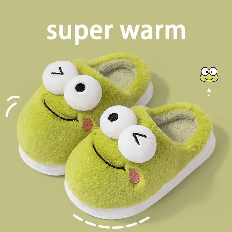 Kawaii Sanrio Slippers Keroppi Cartoon Cute Anti-Slip Thick Sole Keep Warm Cotton Slippers Autumn Winter Indoor Girl Christmas