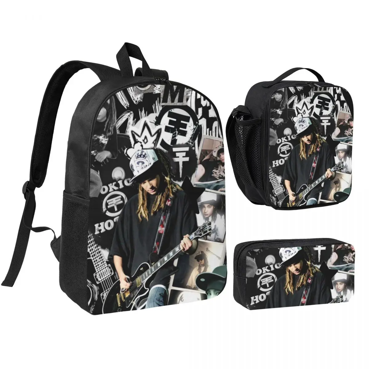 Tokio Hotel Tom Kaulitz Music Band Backpack Student BookBag School Bag Shoulder Bags 3ps Insulated Lunch Bag Pencil Case