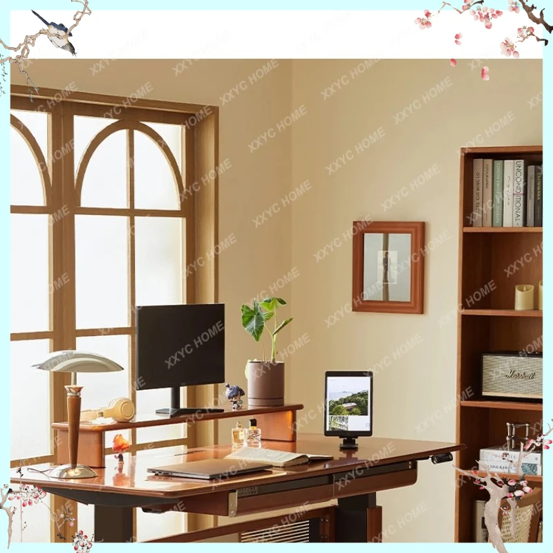 X-S Retro solid wood electric lifting table boxwood medieval desk computer learning table can be lifted and lowered