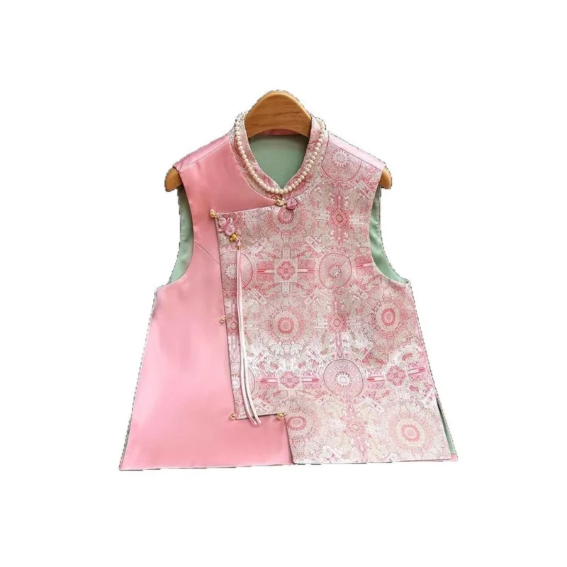 New Chinese brocade waistcoat feminine temperament elegant national style oblique clip
