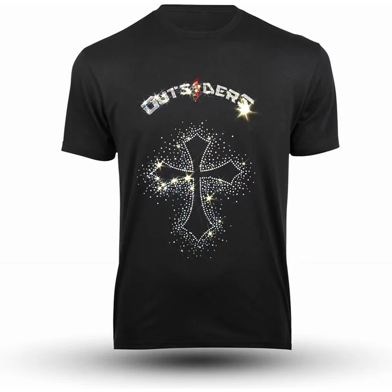 New Fashion Men's Quality T-Shirts Casual Short Sleeve Clothing Tee Tops O-Neck Cross Rhinestone Club Tshirt Y2k Oversized S-3XL