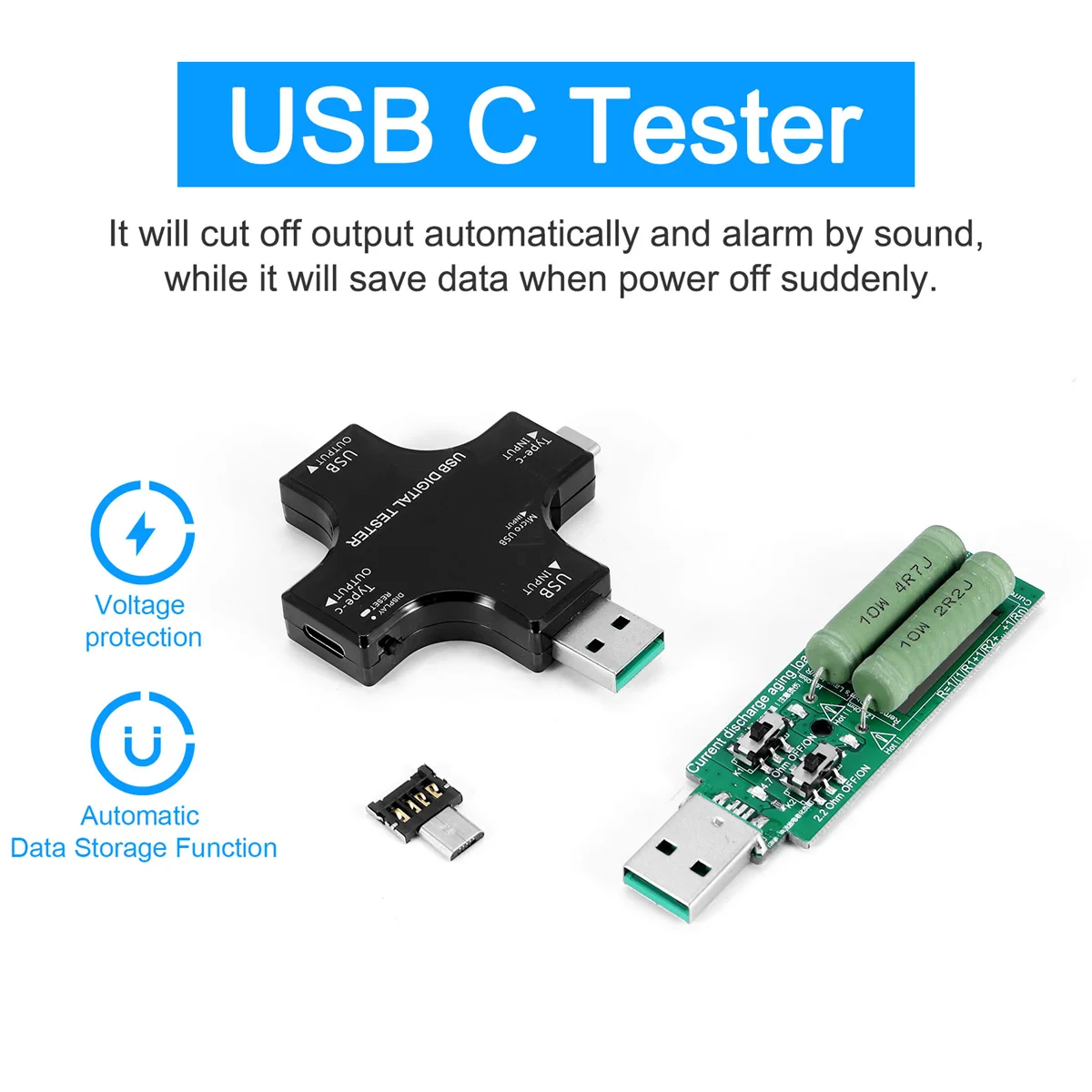 Tester USB C 2 w 1 Tester USB typu C Kolorowy ekran Multimetr cyfrowy IPS, napięcie, prąd, moc, temperatura, z ładowarką