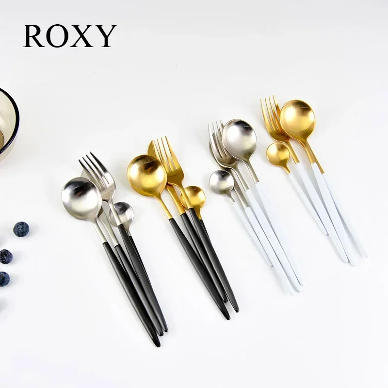 

24 Pcs Matte 18/10 Stainless Steel Thick Black Gold Silver Cutlery Dinnerware Knives Spoon Fork Flatware Set Dishwasher Safe