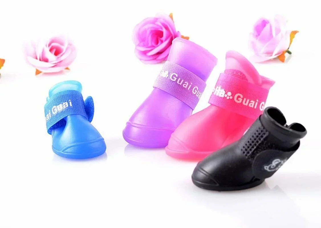 4Pcs Pet Dog Shoes Candy Color Waterproof Booties Rubber Shoes Rain Boots