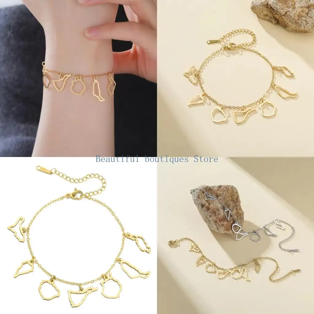 U4LF Adjustable Map Charm Bracelet, Stainless Steel Spain Inspired Wristband Jewelry with 6.69 in Chain Plus 1.96 in Extension