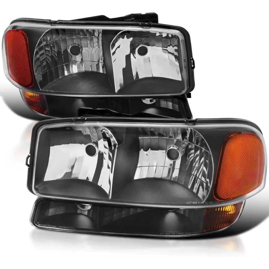 

Black Headlights + Bumper Lights Compatible with 1999-2006 GMC Sierra Yukon 1500 2500 3500 Left + Right Pair Headlamps Assembly