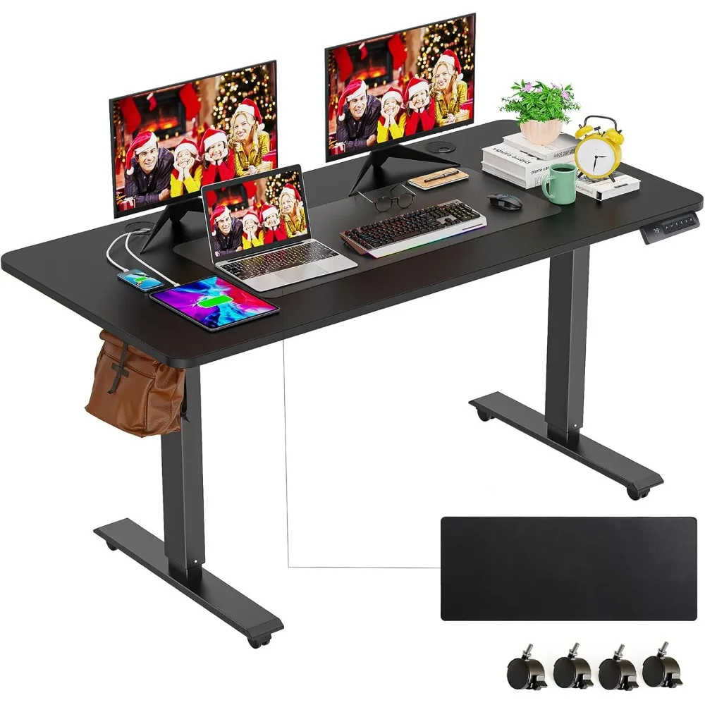 Electric Standing Desk Adjustable Height, 55 x 24 Inch Stand up Desk with Large Mouse Pad, Rolling Wheels & Foot Pad,27''-46''