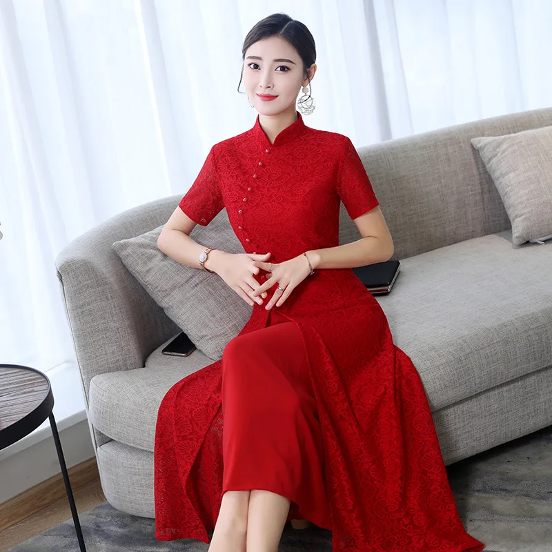 Spring New Mother's Clothes Improved Lace Cheongsam Autumn Winter Ceremonial Clothing Chinese Style Fashion Long Skirt Dress