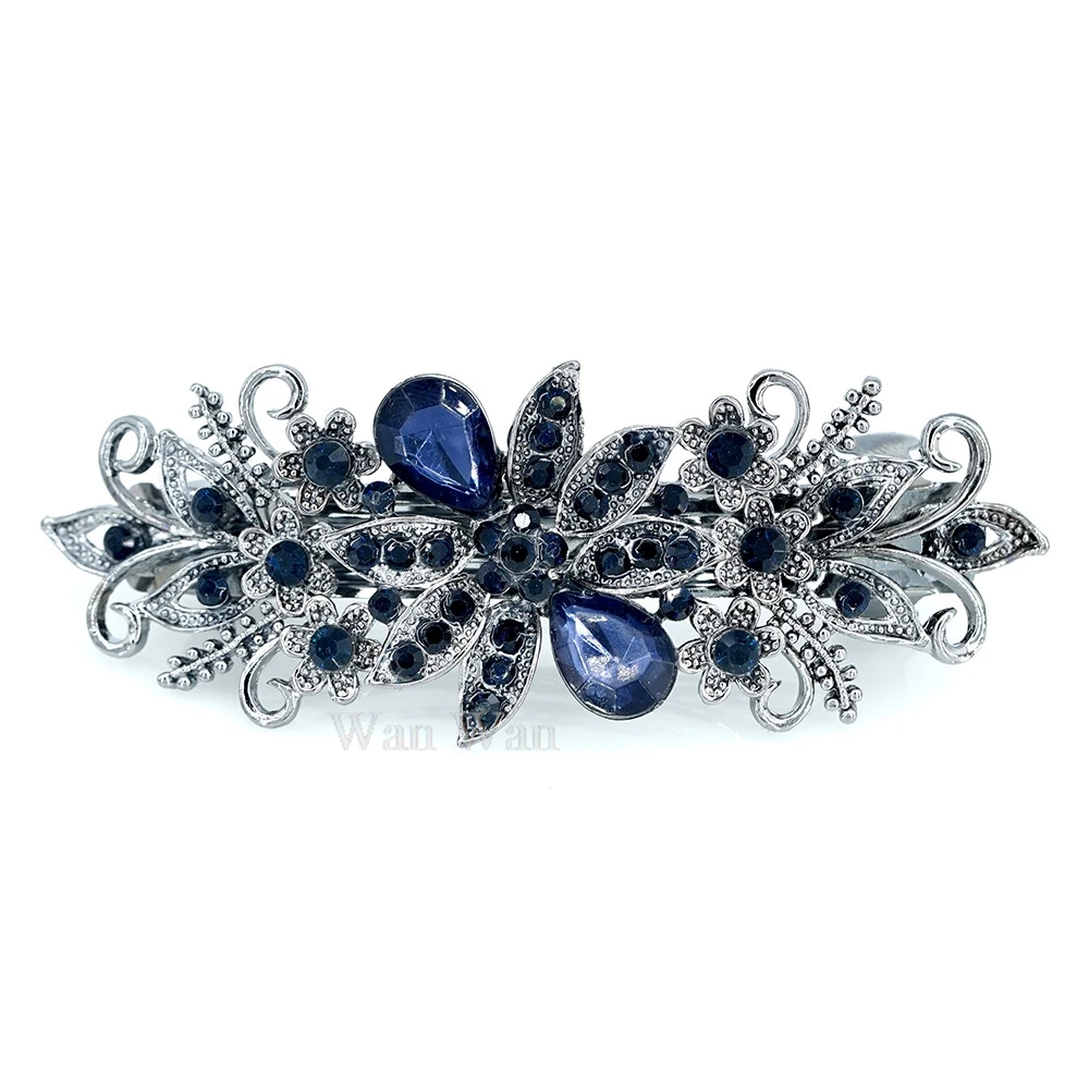 Royal Blue Spring Hair Clip Women\'s Rhinestone Hairpin Black Flower Hair Accessories Retro Style Ponytail Hair Barrette Y0517