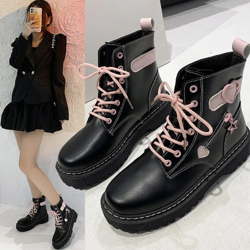 

Lolita Japanese Kawaii Pink Black Martin Boots Short Love Shoes New Platform Wild Thick-heeled Rubber Wedges Shoes 35-40