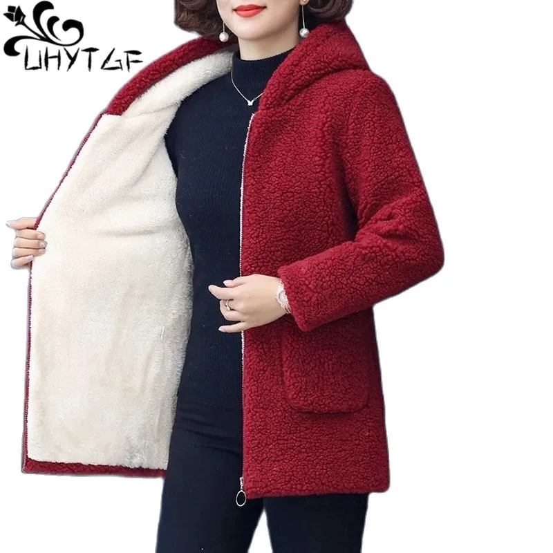 UHYTGF Mom Winter Jacket Women\'s Fur Lambswool Grain Fleece Casual Warm Cotton Coat Hooded 5XL Size Outerwear Parker Female 1841