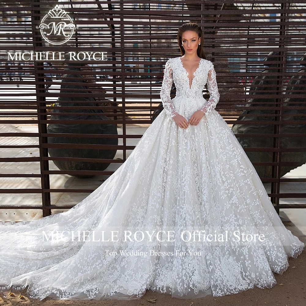 Michelle Royce Luxe trouwjurken voor dames V-hals met lange mouwen Applicaties Romantische trouwjurk Vestidos De Novia