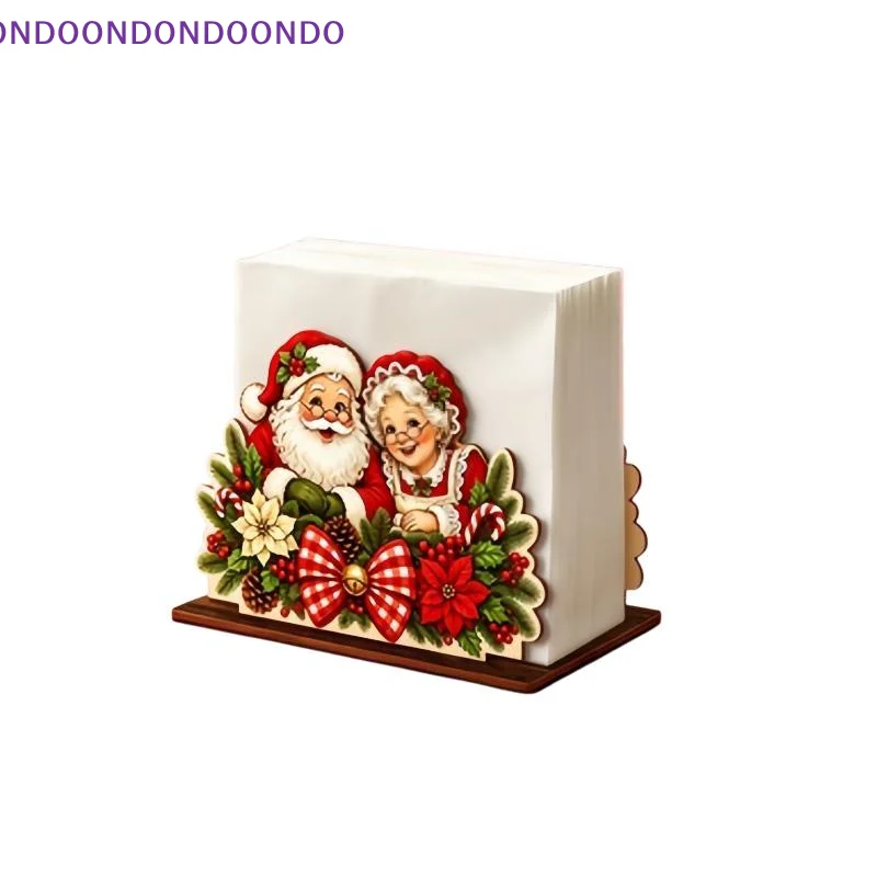 Santa Couple Print Christmas Wooden Napkin Holder Rustic Tissue Organizer for Xmas Dinner Table Kitchen Decor