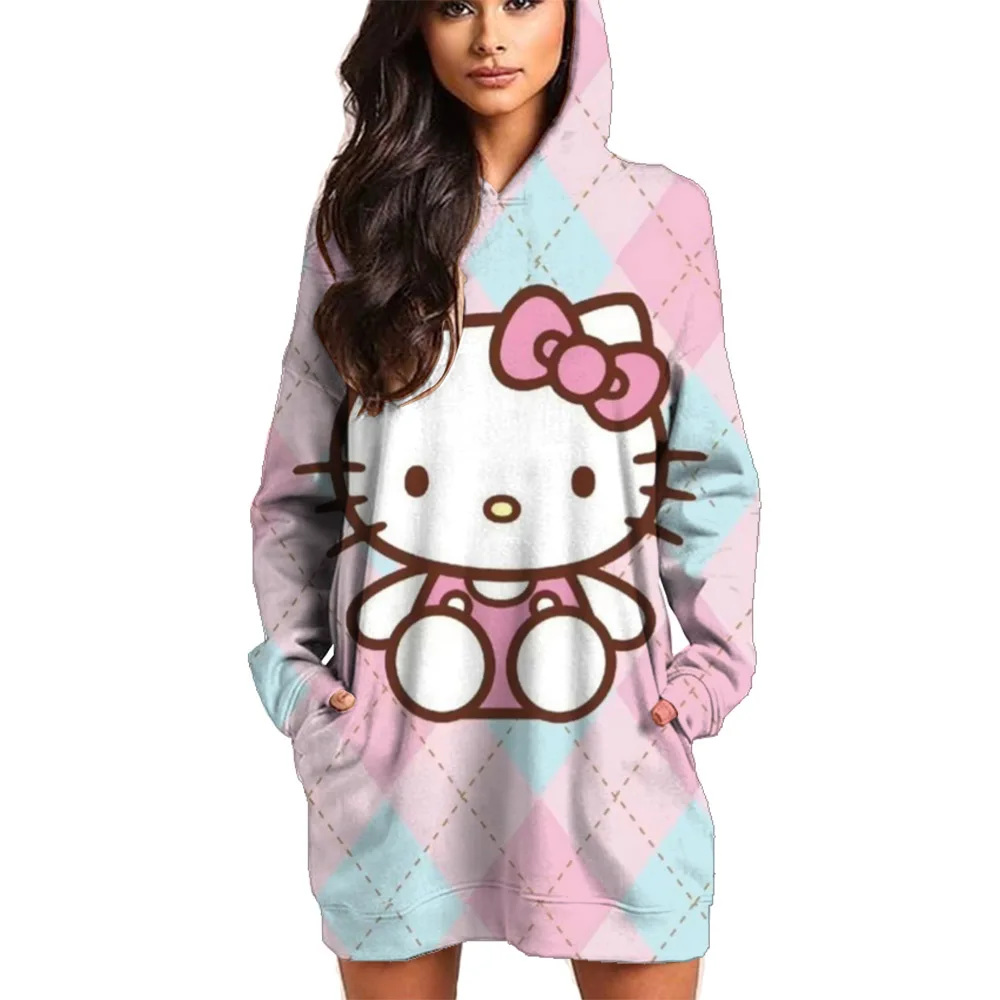 

Hello Kitty Women's Autumn/Winter Sweet Cute Women's Cartoon Loose Round Neck Korean Y2k Girls' Fashion Versatile Hoodie dress ﻿