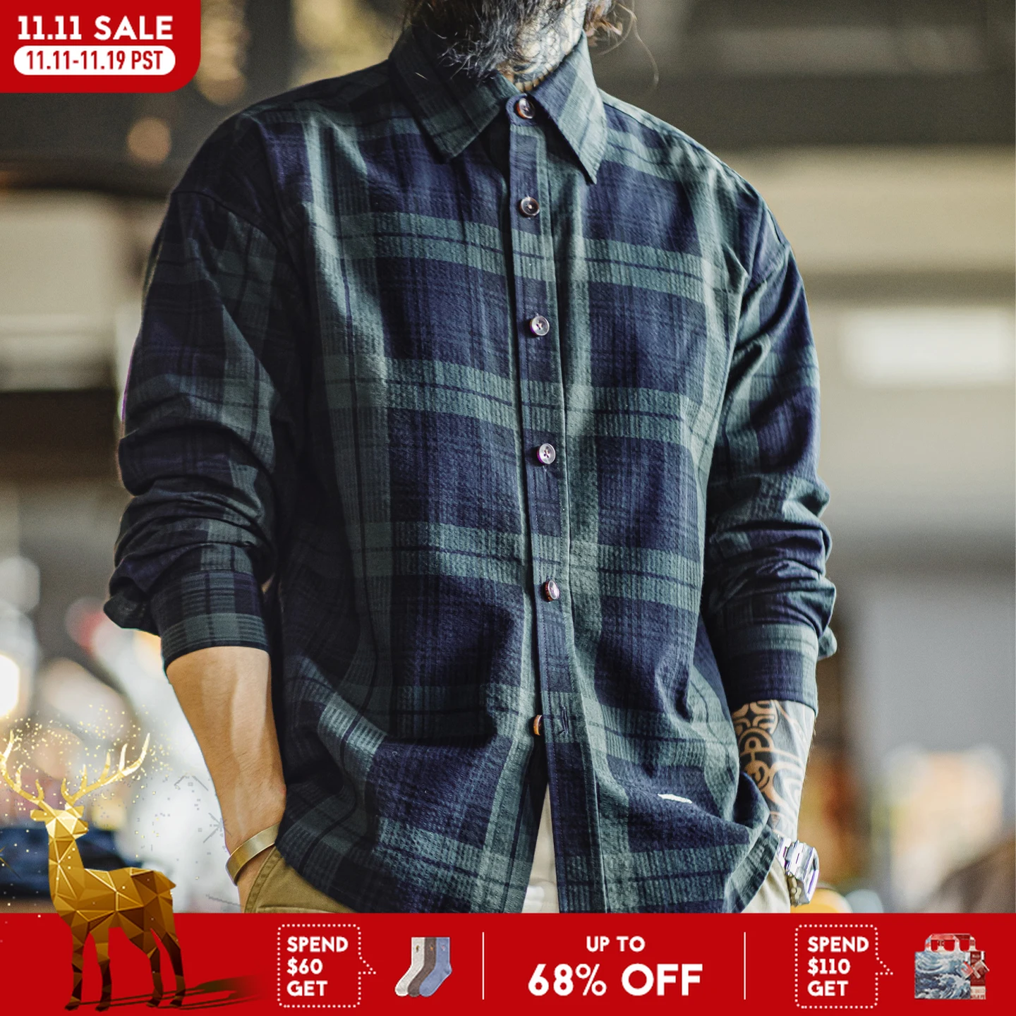 Мужская винтажная сине-зеленая клетчатая рубашка Maden, хлопковые рубашки с длинными рукавами, однобортная блузка с вышивкой рыбы на весну и осень