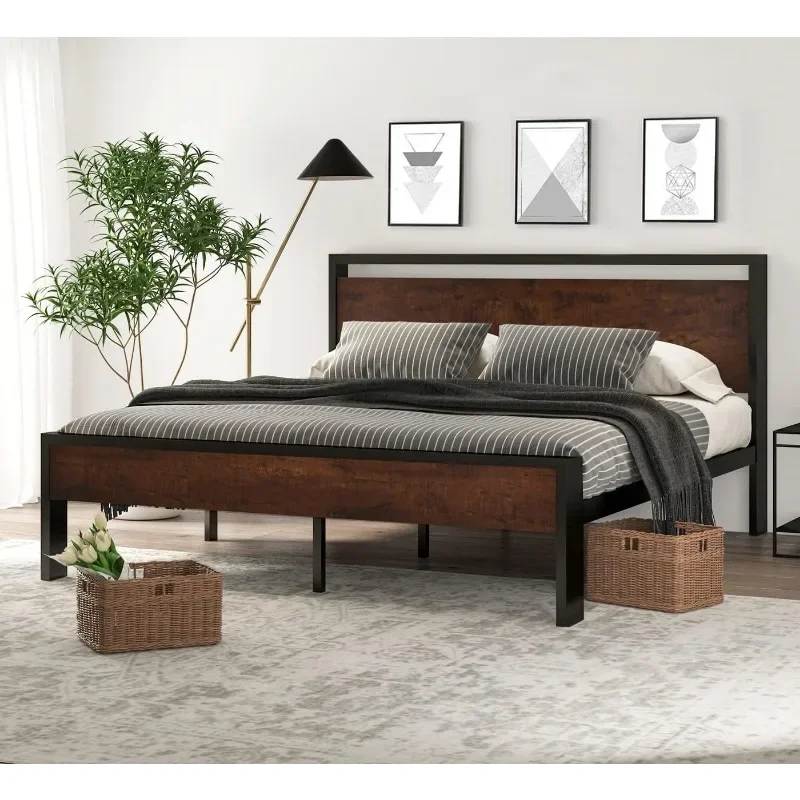 Kingsize Metalen Platform Bedframe Met Houten Hoofdeinde En Voetenbord, Matrasfundering, Geen Boxspring Nodig