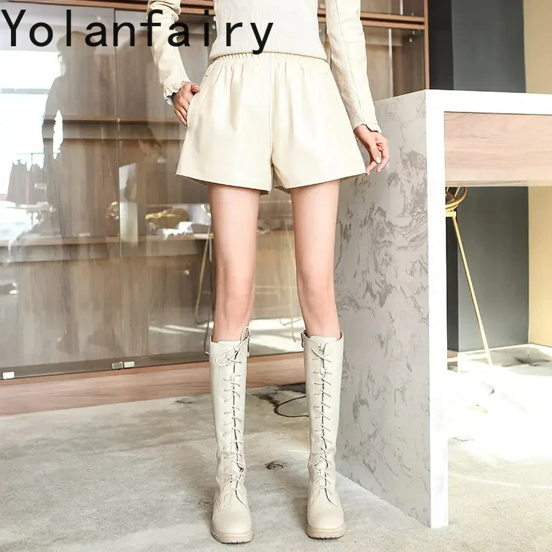 Genuine Leather Shorts for Women 2024 Summer Sheepskin Short Pants Women Wide Leg Short Korean Style Women Shorts Streetwear SGG