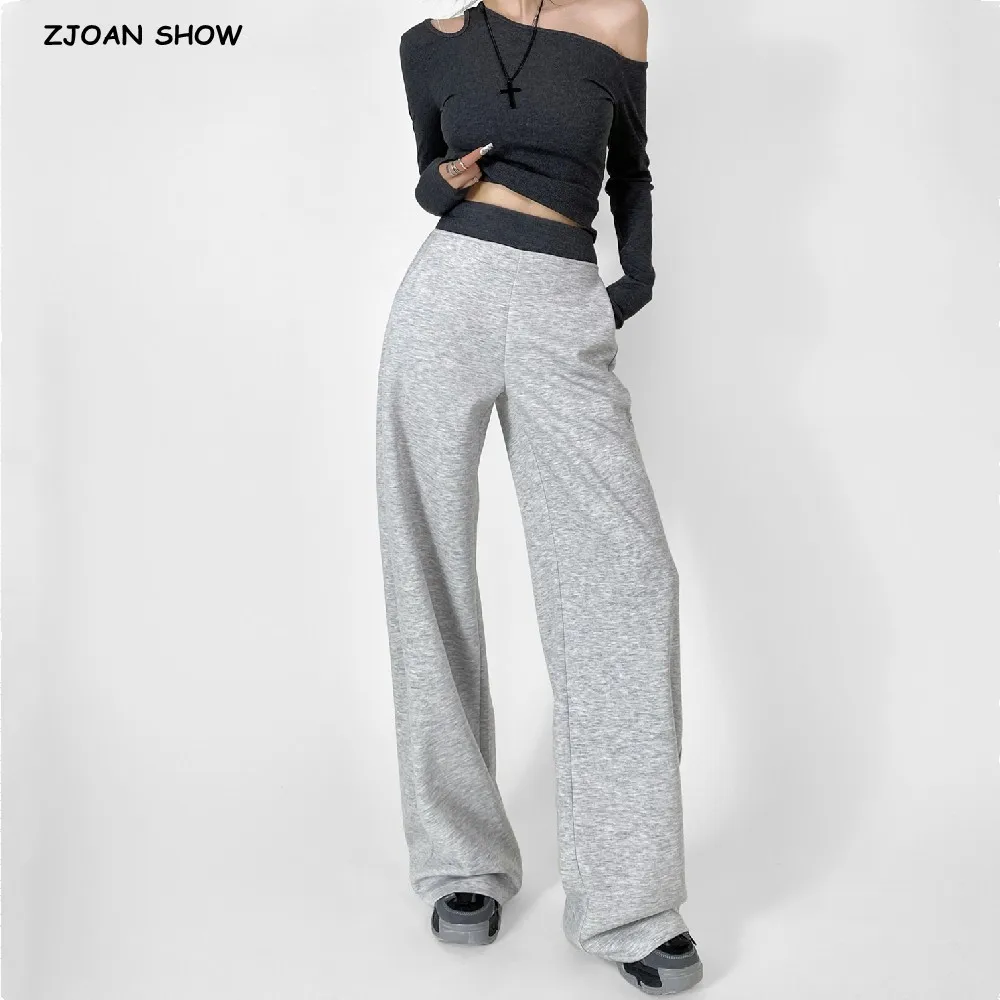 Autumn Winter Contrast Color Elastic Waist Sports Straight Wide Leg Sweats Pants Women Air Cotton Long Trousers Joggers