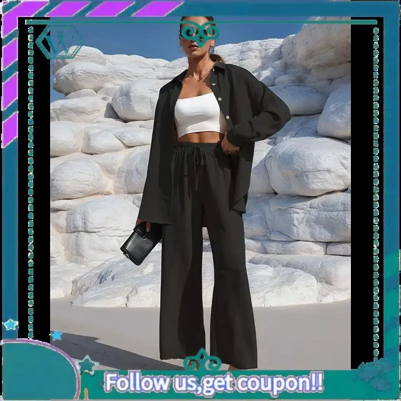 

A09P Women's Summer Long Suit Two-Piece Shirt Top Trousers Casual Beach Vacation Two-Piece Sportswear