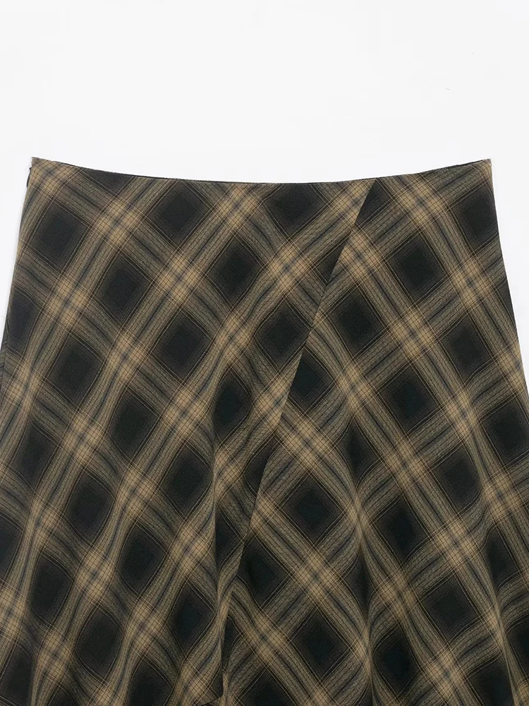 Women New Plaid Lace Long Skirts Loose Pleated Buttons High Waist A-line Female Skirt Autumn Lady Skirts