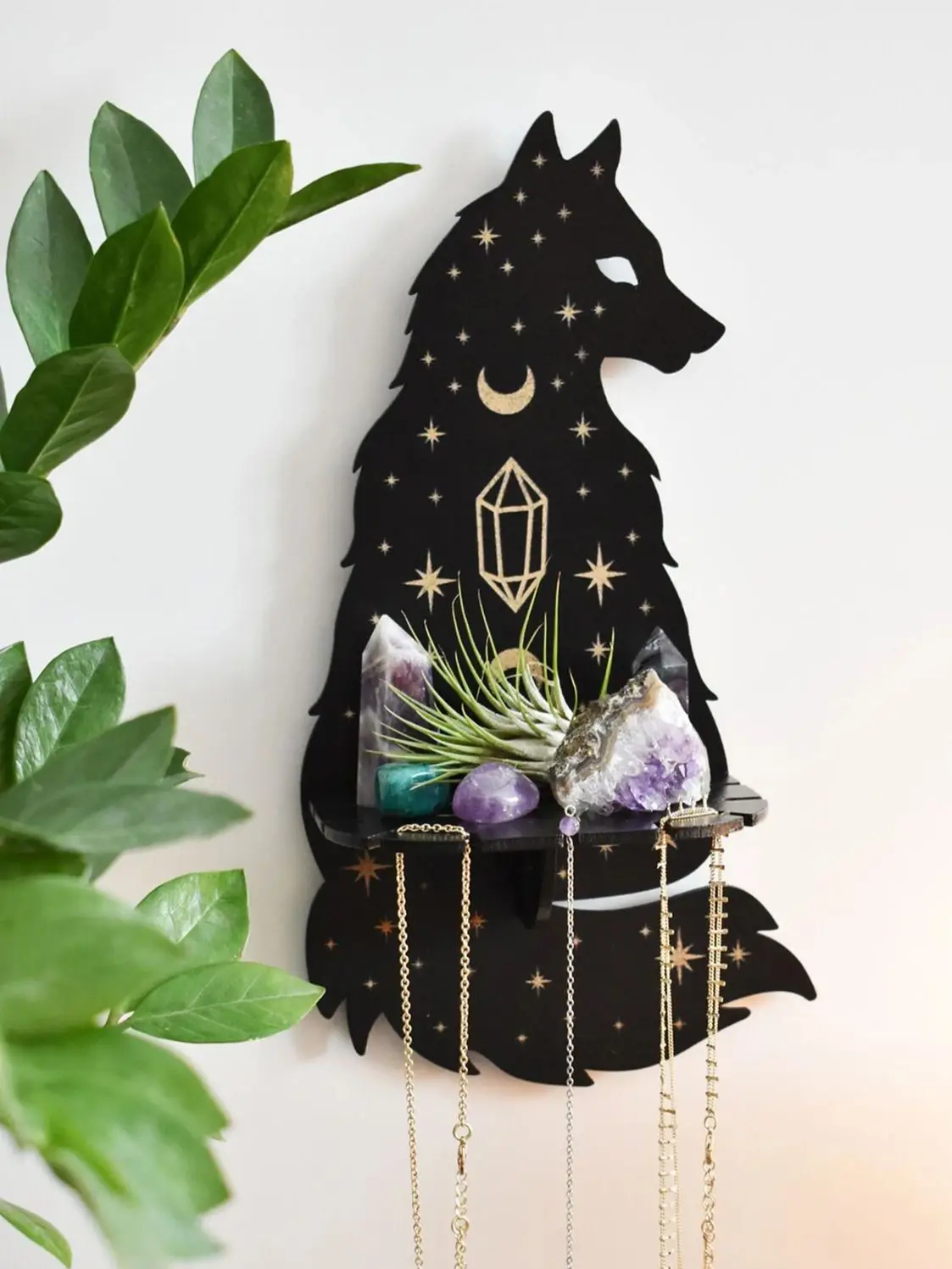 Fuchs Wandregal Schwarz Holz Schwebende Regale Boho Home Decor Mondphase Kristall Stein Display Ständer Hexe Zimmer Wanddekorationen Leiste
