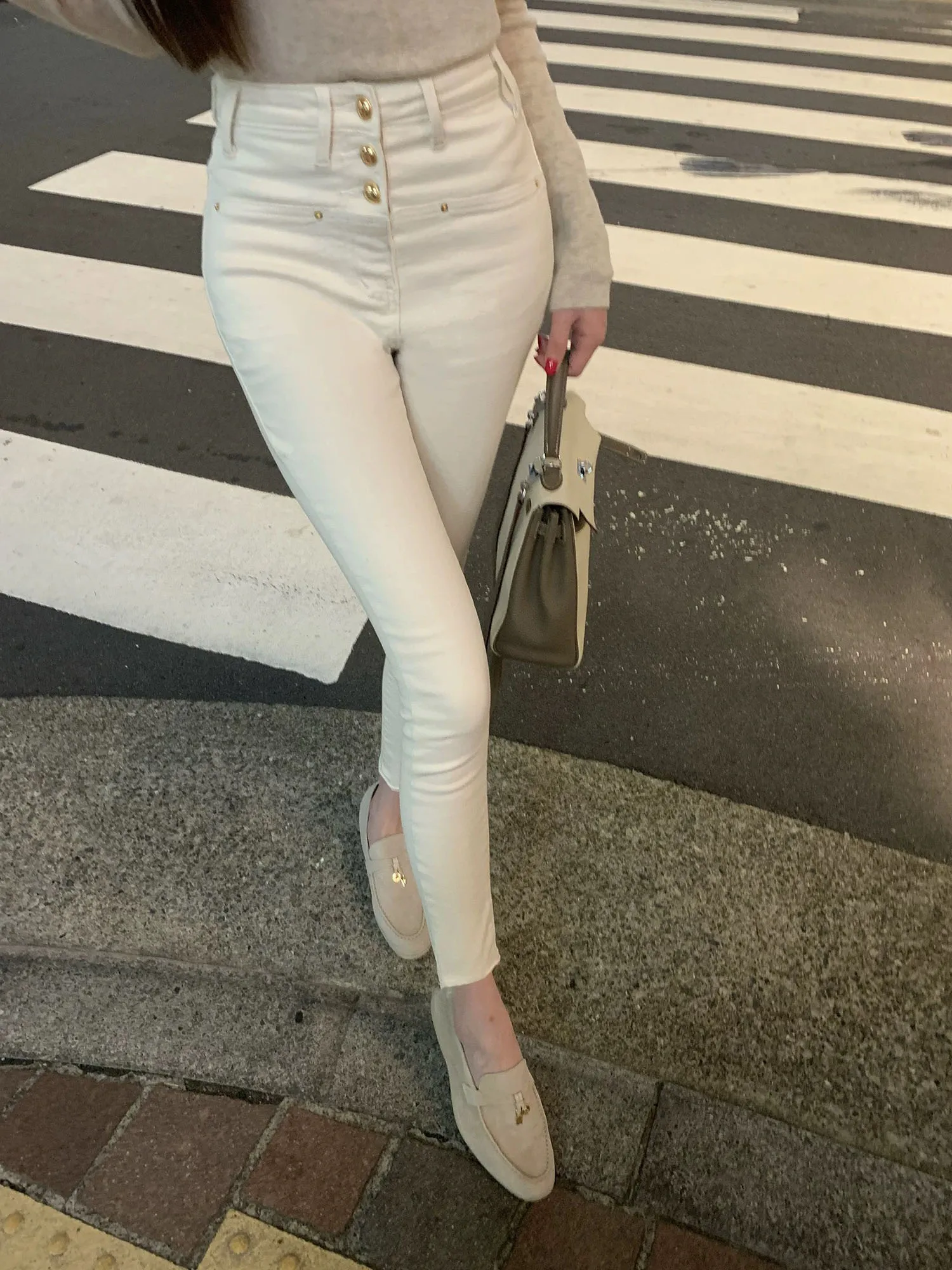 

High Waist Fce Lined Slim Fit Women's Capri Pants White Cotton Stretch Denim Spring Autumn Sle Pencil Nine Point Pants