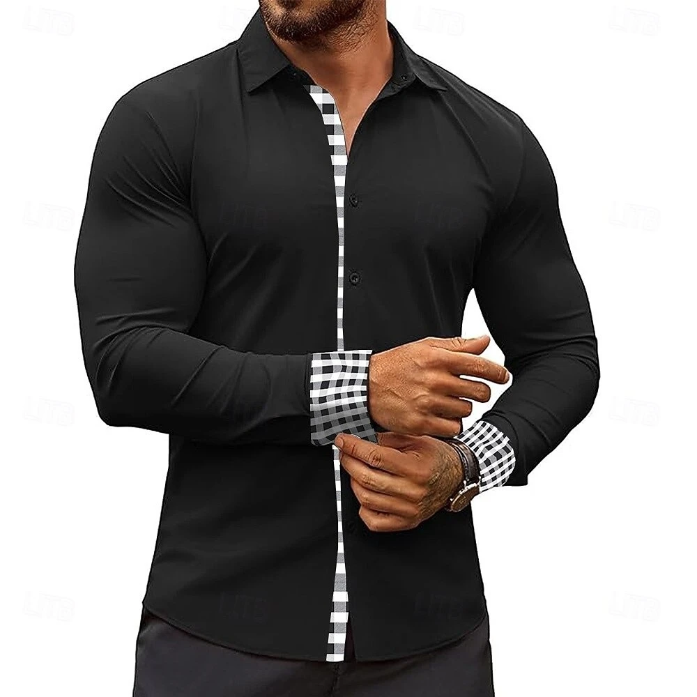 Men's Long Sleeve Dress Shirt Slim Fit Plaid  Cuff Button‑Down Lapel Collar Shirts Casual Business Office Male Fashion Shirts
