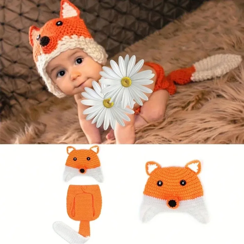 Halloween Costumes Newborn Photography Clothing Handmade Crochet Knitted Fox Single Hat and Shorts Sets Baby Photoshoot Outfits