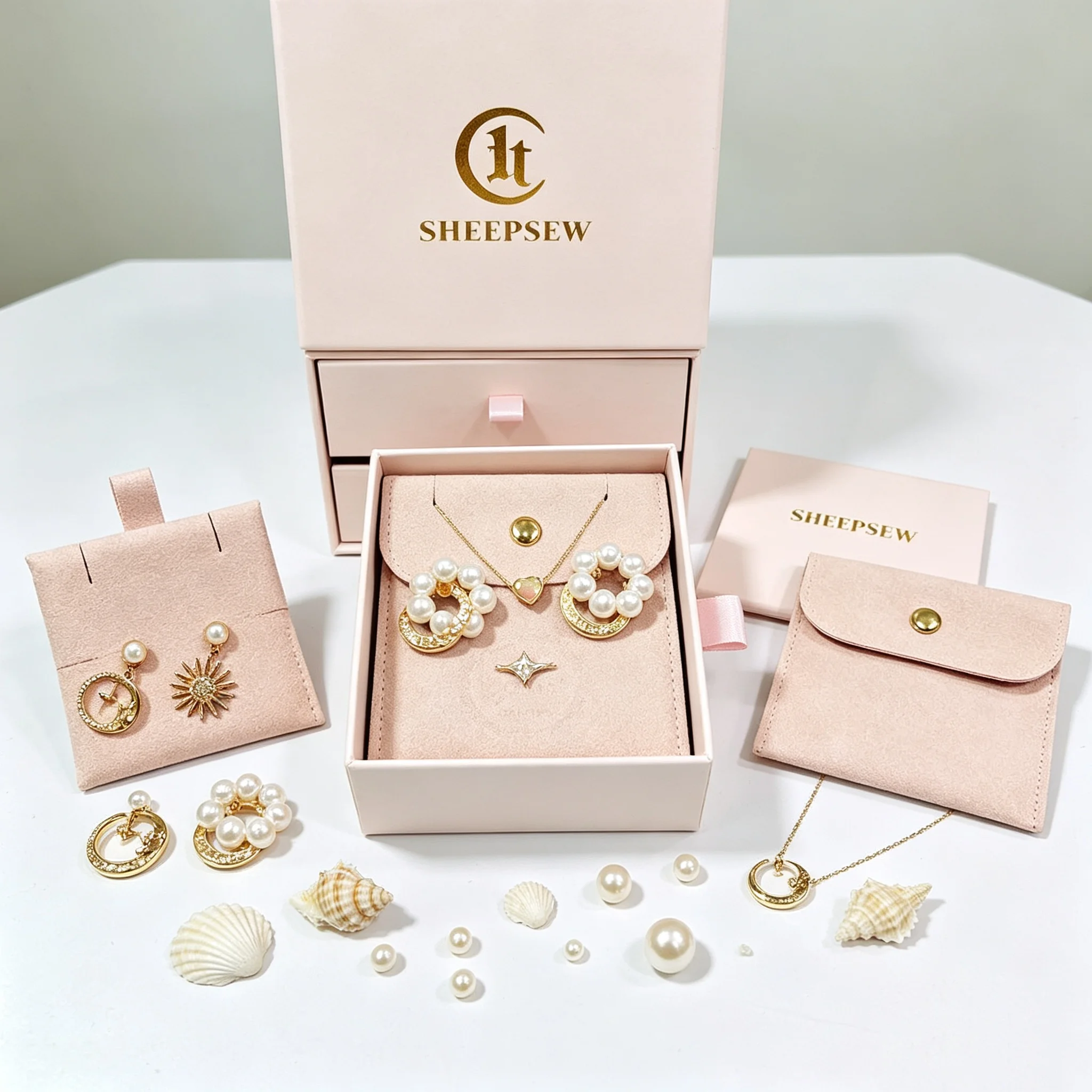 SheepSew Elegant Luxury Jewelry Drawer Box Custom Gold Foil Logo With Snap Microfiber Pouch & Soft Insert Pad Wedding Holiday Pa