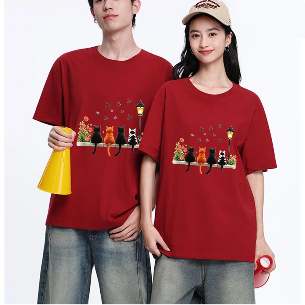 Cats Birds Street Lamp Flower Printed T Shirt Breathable Fabric S-XXL Personalized Custom Casual Short Sleeve Tee Unisex Fit Aes