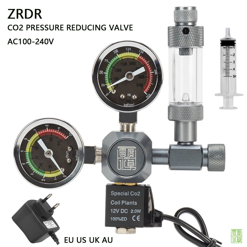 AC100-240V Aquarium CO2 Regulator Solenoid Valve Bubble Meter CO2 Reaction Control Fish Tank CO2 Pressure Reducing Valve