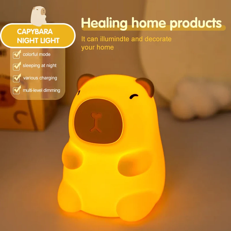 Lampe capybara en silicone pour enfants, petite veilleuse, aste par USB, toucher animal, lumière de sommeil cendré, cadeau mignon