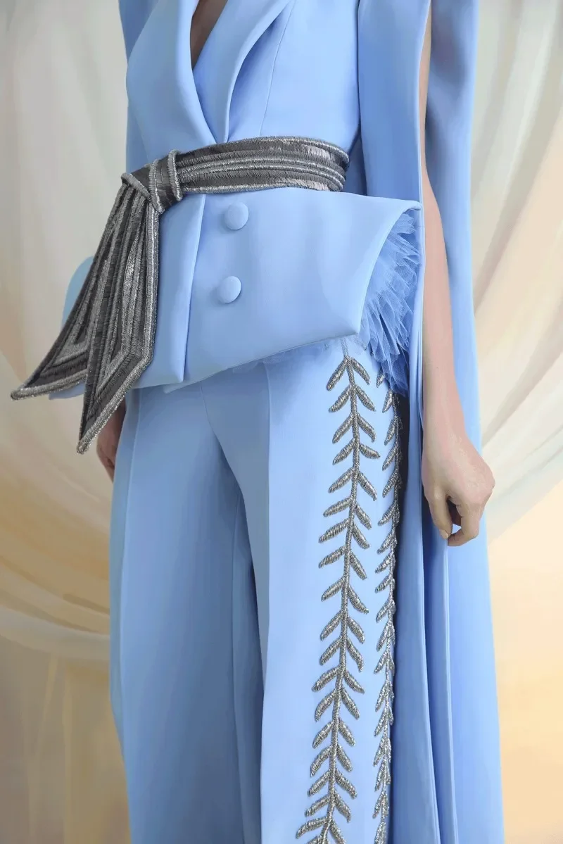 Novos vestidos de noite com envoltório decote em v sem mangas macacão feminino apliques cetim vestidos de baile feito sob encomenda vestido de ocasião especial