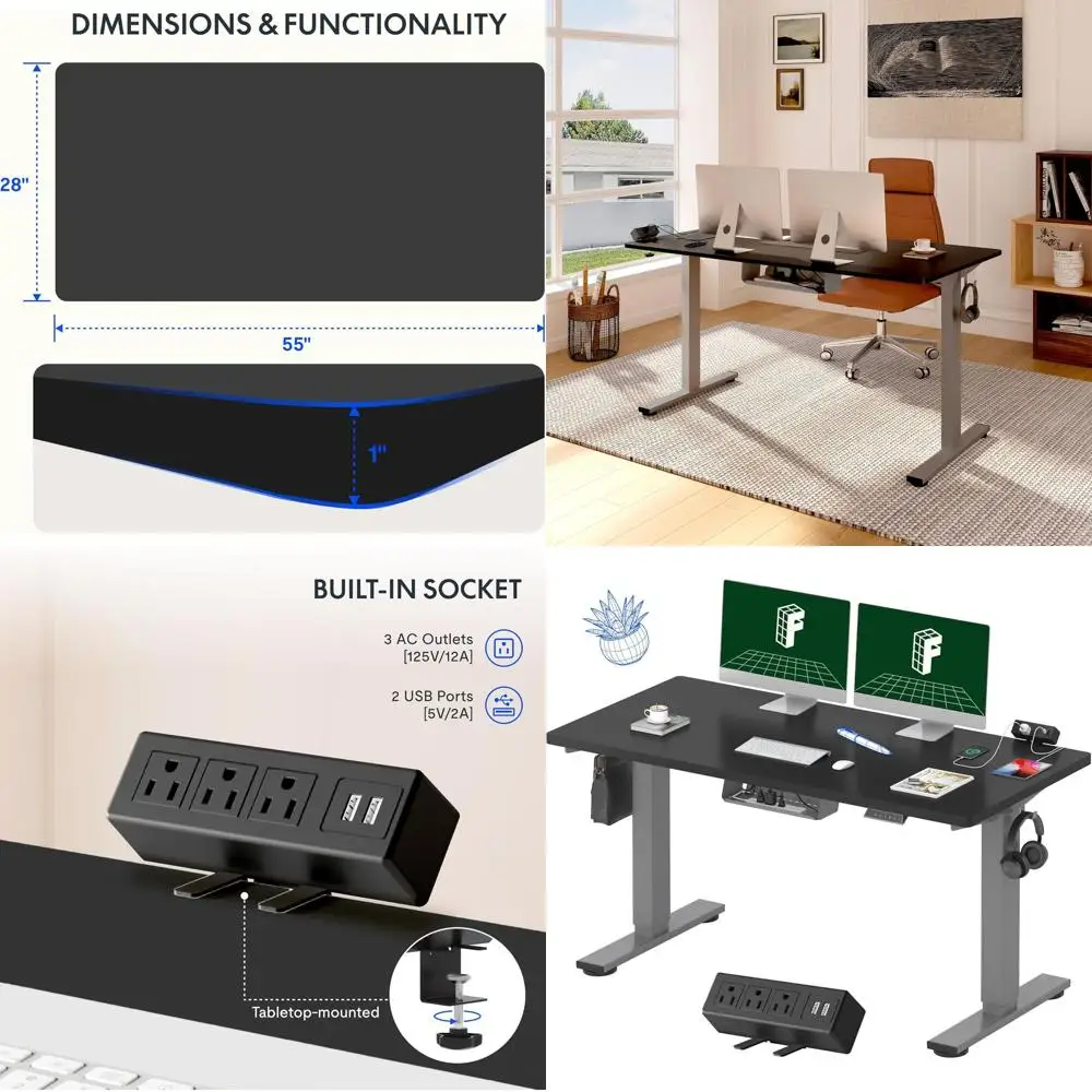 

Электрический регулируемый по высоте стол для работы стоя, 55 x 28 дюймов, с креплением для удлинителя и системой организации кабелей, серое основание + черная столешница (2 шт.)