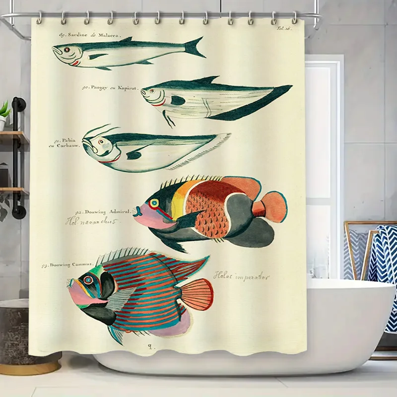 

Vintage Fish Print Shower Curtain Home Decor Waterproof Fabric Bathroom Liner Multicolor Pattern Floral Design for online shoppi