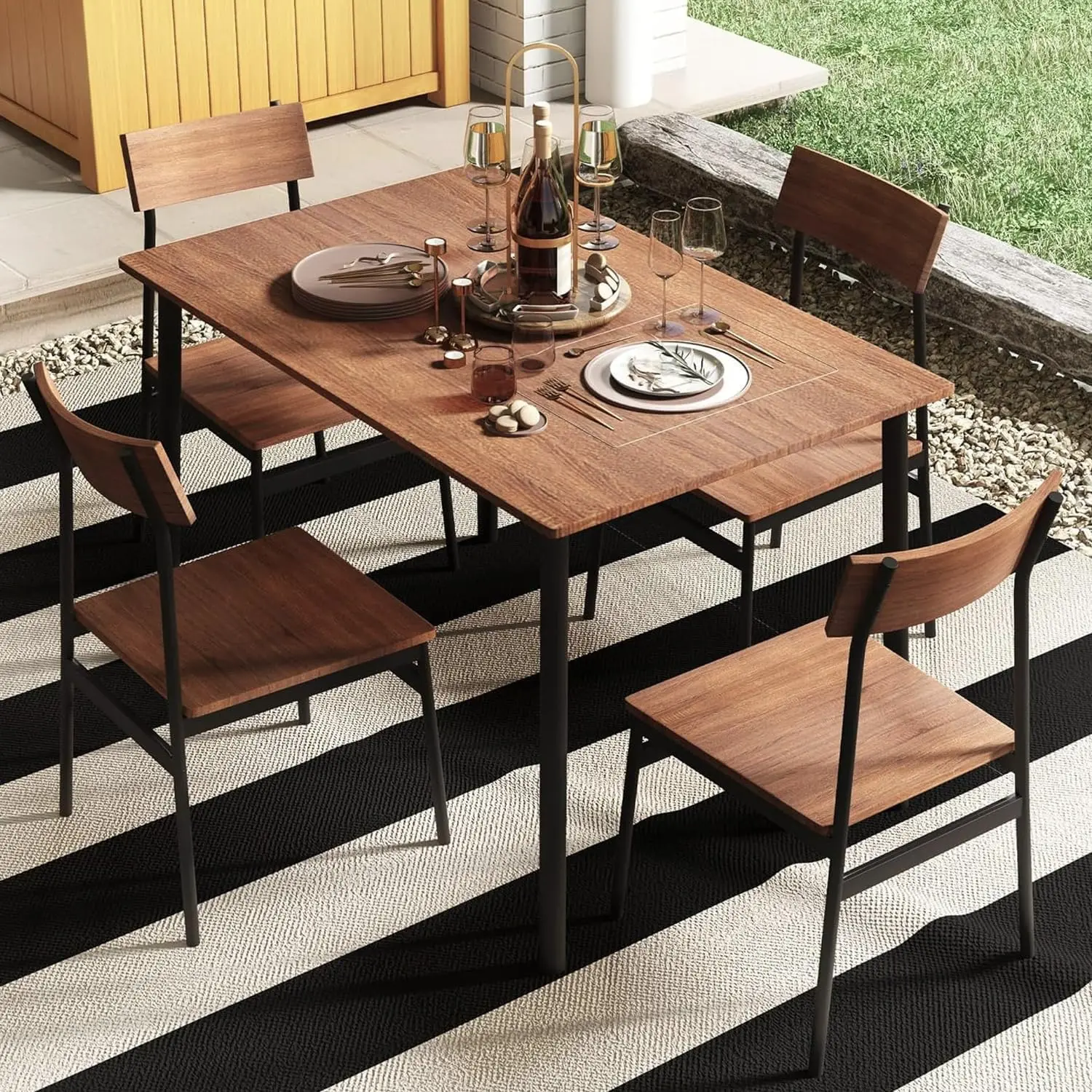 Set da pranzo rustico industriale in legno da 5 pezzi con struttura in metallo - Marrone