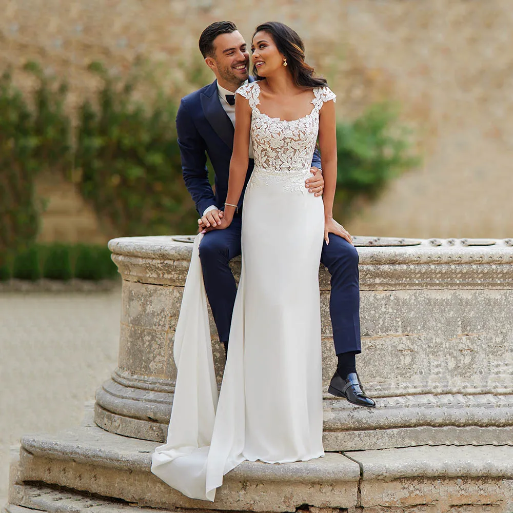 

Msikoods Mermaid Wedding Dresses 2025 Women Cap Sleeve Illusion Backless Bridal Dress Lace Applique Civil Bride Dress Customizd