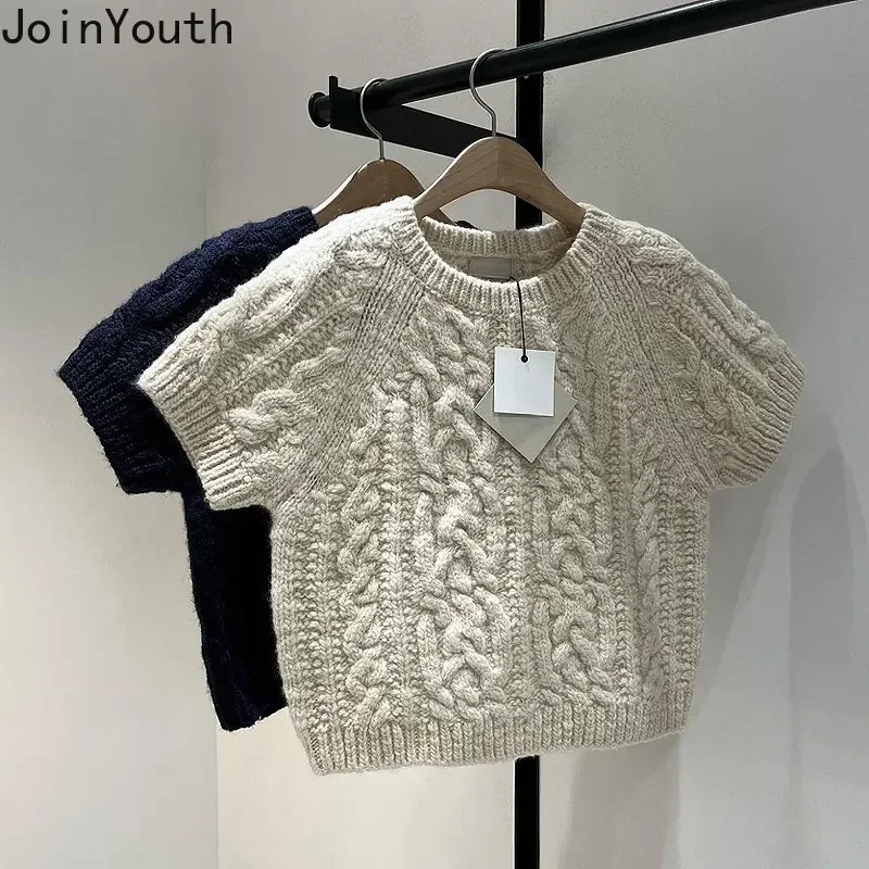 Korean Pullovers for Women 2024 Ropa Mujer O-neck Short Sleeve Knitted Ribbed Y2k Tops Pull Femme Fashion Cropped Sweater Jumper