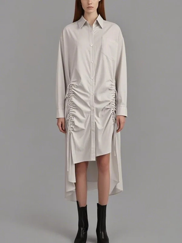 Krisstarsgirls Women's Chic Drawstring Long Sleeves Shirts Midi Dress Summer Fall 2025 High-low Lapel Gray Urban Dresses Ladies