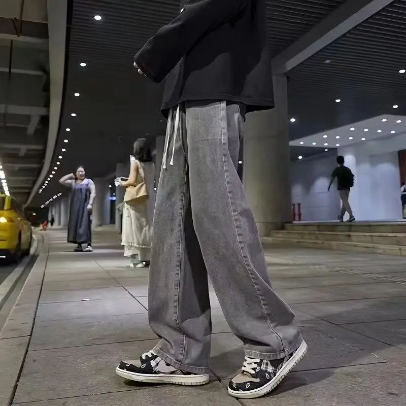 الخريف الرجال الجينز مستقيم الدينيم السراويل النطاقات الخصر القطن الشارع الشهير واسعة الساق فضفاضة عارضة طويلة الجينز السراويل #1