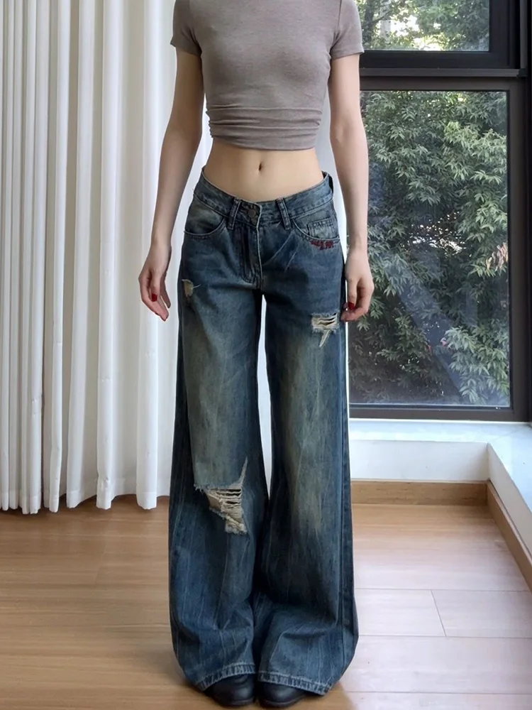 

Retro American Design Sensation Women's Summer New Loose Long Jeans Natural Waist Pure Color Outdoor All Seasons Denim Pants