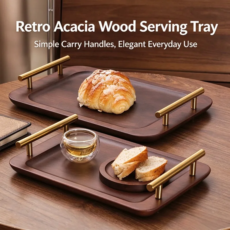 Rectangular Solid Wood Serving Tray with Two Side Handles Home Hotel Restaurant Food Platter Desktop Storage Tea Tray